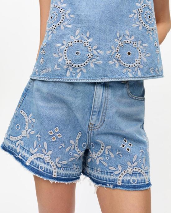  가니 데님 숏팬츠 Ganni Broderie Anglaise 데님 반바지 라이트 블루 스톤 - GANNI