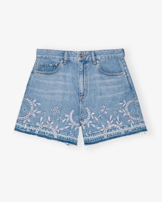  가니 데님 숏팬츠 Ganni Broderie Anglaise 데님 반바지 라이트 블루 스톤 - GANNI
