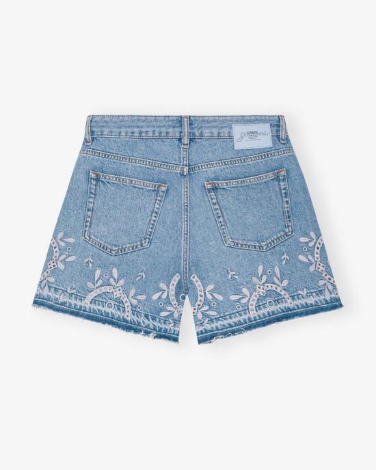  가니 데님 숏팬츠 Ganni Broderie Anglaise 데님 반바지 라이트 블루 스톤 - GANNI