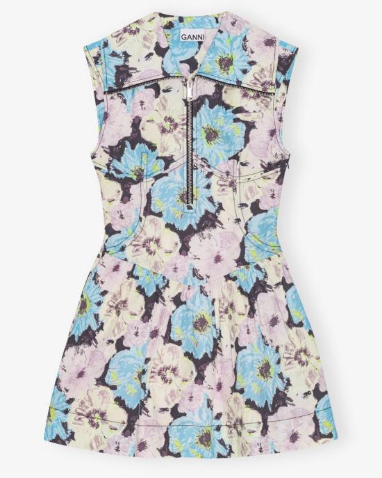  가니 숏 원피스 플로럴 프린트 코튼 미니 드레스