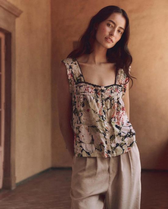  manouche 탑 Manouche The Victorian Pleat Tank 빈티지 로즈 프린트