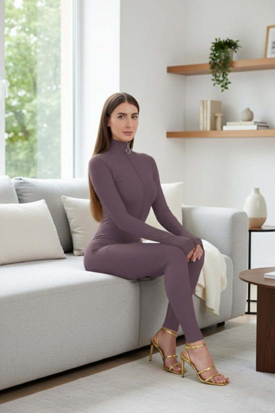  모노수트 긴팔 티셔츠 코코아 롱슬리브 터틀넥 지퍼업 풀바디수트 브라운 - MONOSUIT