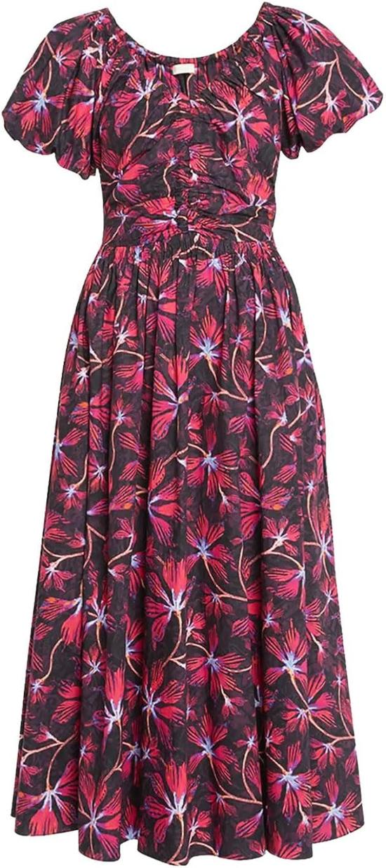  울라 존슨 미디 원피스 Ulla Johnson Cecile 짧은 퍼프 소매 주름 장식 미디 드레스 Zinnia Red - ULLA JOHNSON