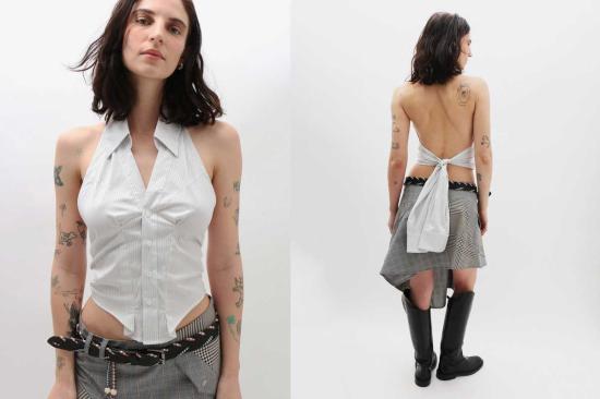  레이브 리뷰 민소매 티셔츠 Rave Review Aila 핀스트라이프 홀터 탑 - RAVE REVIEW