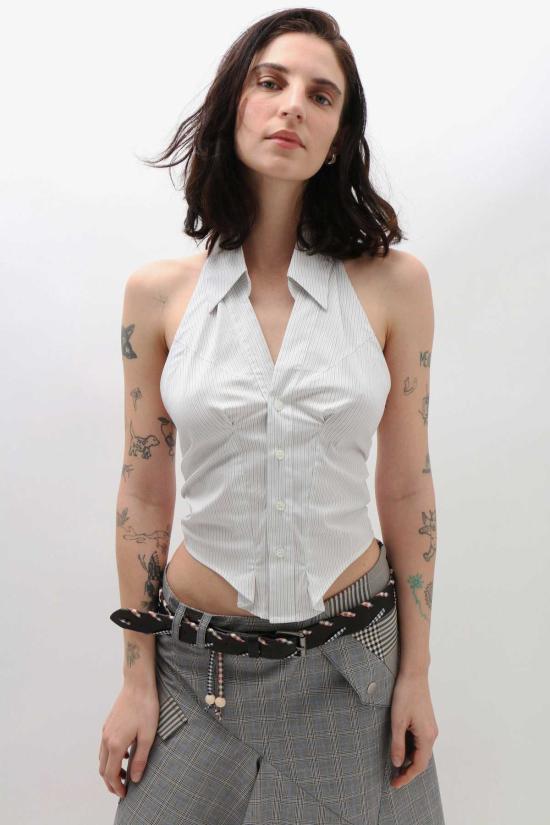  레이브 리뷰 민소매 티셔츠 Rave Review Aila 핀스트라이프 홀터 탑