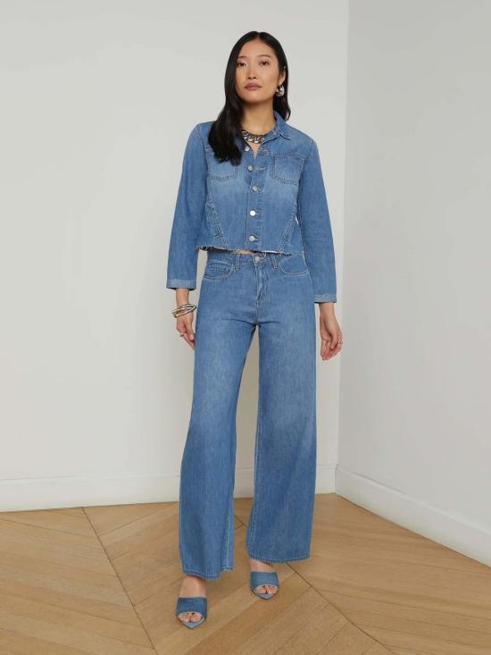  라장스 데님 자켓 L'agence Janelle 슬림 로우 재킷 에이지드 인디고 - L'AGENCE