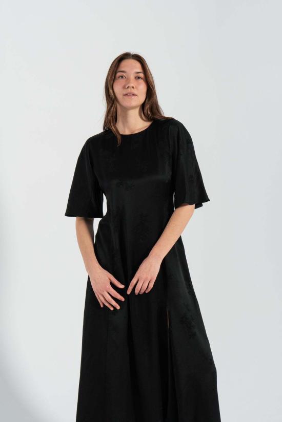  가니 롱 원피스 Ganni 플루이드 새틴 자카드 슬릿 롱 드레스 블랙 - GANNI