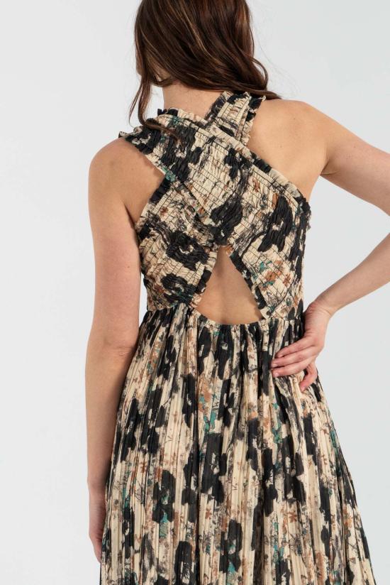  가니 미디 원피스 프린트 플리츠 스모크 미디 스트랩 드레스 애프터글로우 - GANNI