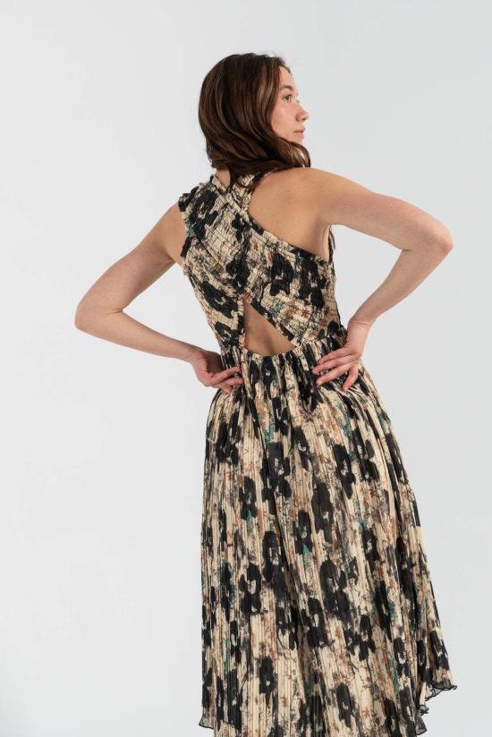  가니 미디 원피스 프린트 플리츠 스모크 미디 스트랩 드레스 애프터글로우 - GANNI