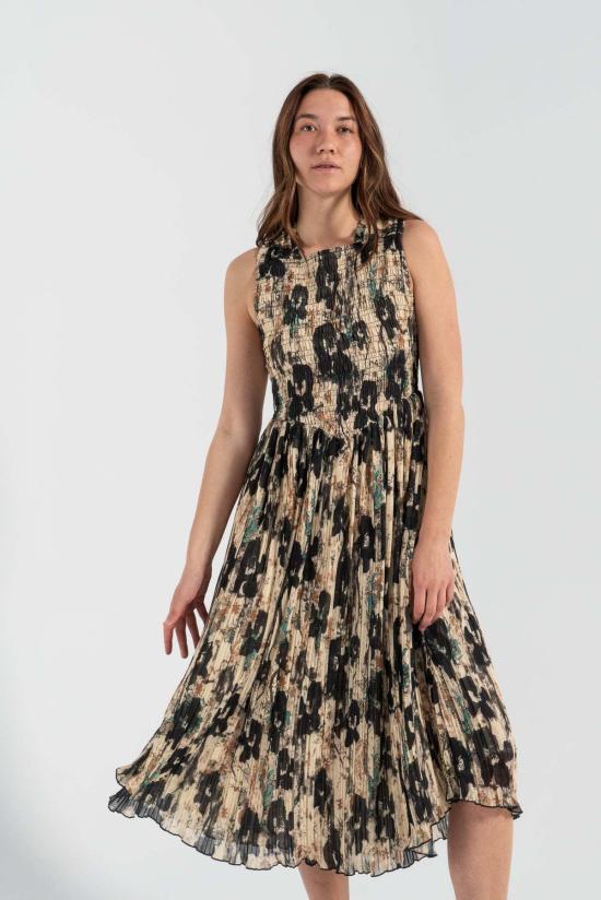  가니 미디 원피스 프린트 플리츠 스모크 미디 스트랩 드레스 애프터글로우 - GANNI