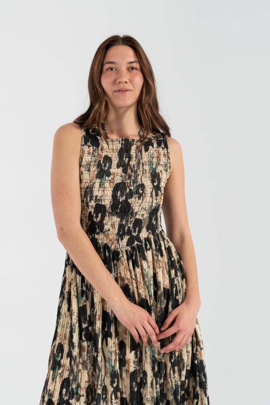  가니 미디 원피스 프린트 플리츠 스모크 미디 스트랩 드레스 애프터글로우 - GANNI