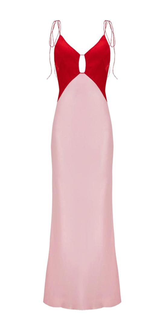  안나 옥토버 롱 원피스 Anna October Terrin 새틴 가운 레드/라이트 핑크 - ANNA OCTOBER