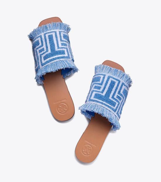  토리버치 뮬/슬리퍼 T타일 테리 천 플랫 슬라이드 블루버드/아이보리 - TORY BURCH