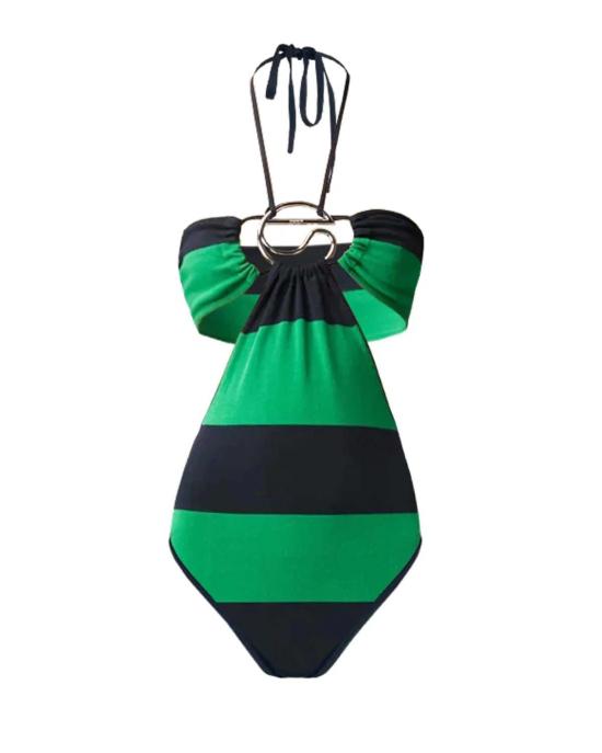  코페르니 원피스 수영복 니트 스트라이프 바디수트 그린/블루