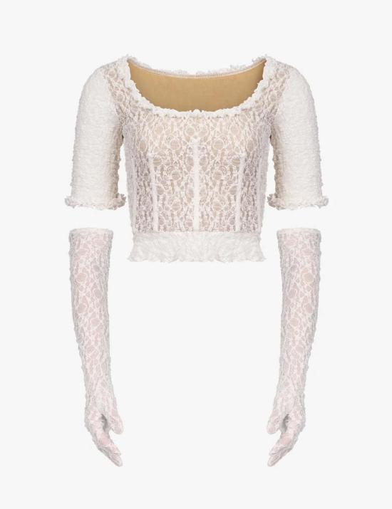  프리스카베라 긴팔 티셔츠 스트레치 레이스 코르셋 탑 화이트