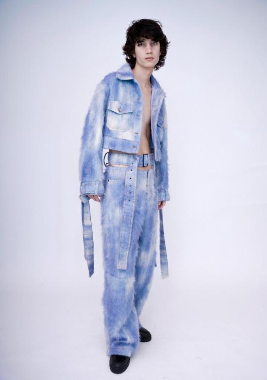  KAWAkEY 데님 자켓 Kaw Ak Ey 핸드페인트 플러피 데님 재킷 크롭 던 블루 - OTHER BRANDS