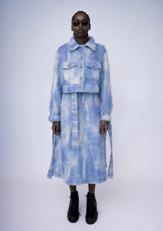  KAWAkEY 데님 자켓 Kaw Ak Ey 핸드페인트 플러피 데님 재킷 크롭 던 블루 - OTHER BRANDS