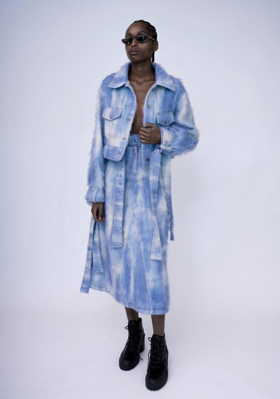  KAWAkEY 데님 자켓 Kaw Ak Ey 핸드페인트 플러피 데님 재킷 크롭 던 블루 - OTHER BRANDS