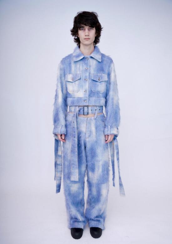  KAWAkEY 데님 자켓 Kaw Ak Ey 핸드페인트 플러피 데님 재킷 크롭 던 블루 - OTHER BRANDS