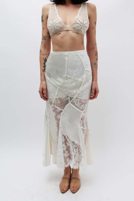  유한왕 롱 스커트 레이스 패치 머메이드 스커트