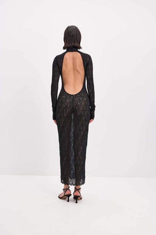  모노수트 롱 원피스 모노슈트 백리스 레이스 롱슬리브 터틀넥 드레스 블랙 - MONOSUIT