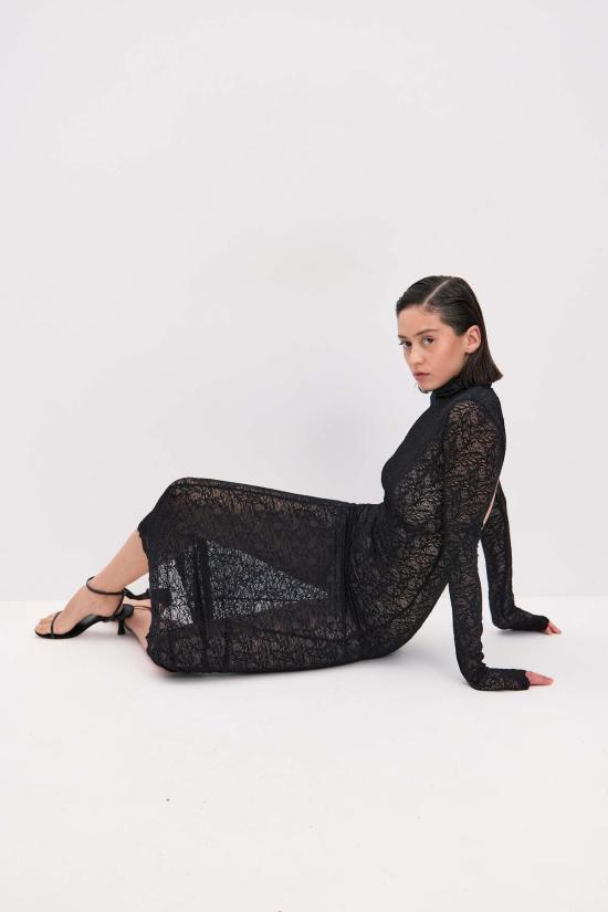  모노수트 롱 원피스 모노슈트 백리스 레이스 롱슬리브 터틀넥 드레스 블랙 - MONOSUIT