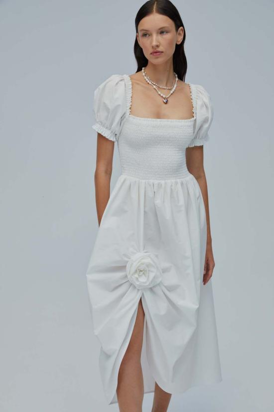  슬리퍼 롱 원피스 Sleeper Belle 코튼 드레스, 로즈 디테일, 화이트