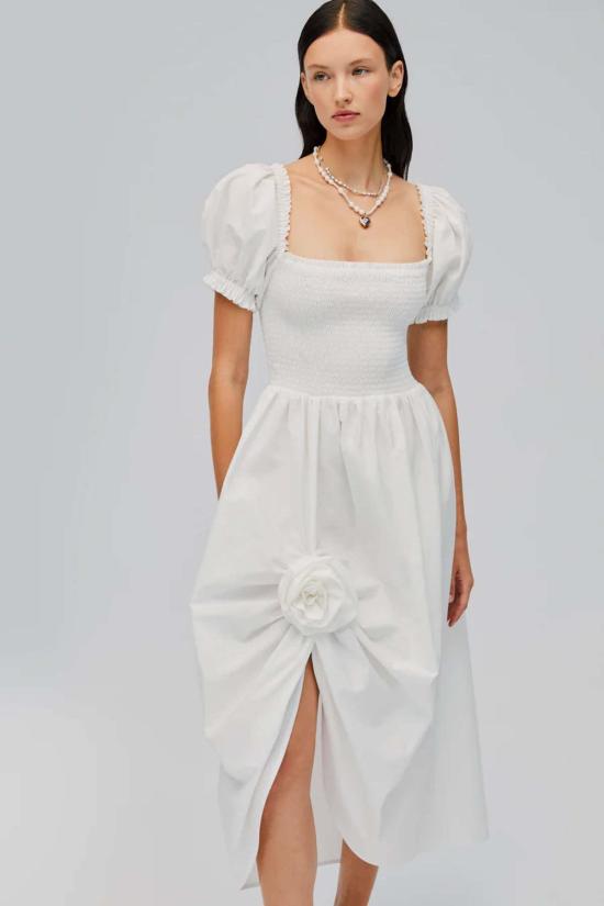  슬리퍼 롱 원피스 Sleeper Belle 코튼 드레스, 로즈 디테일, 화이트 - SLEEPER