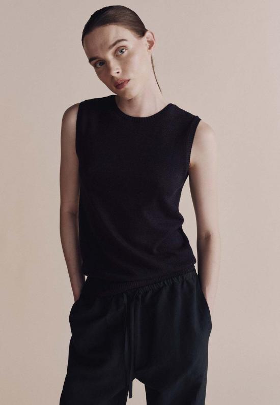  미정박 민소매 티셔츠 코튼블렌드 슬리브리스 니트탑 네이비 - MIJEONG PARK