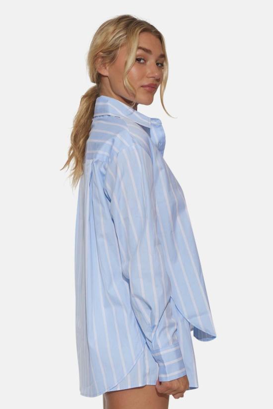  Blue&Cream 긴팔 티셔츠 블루&크림 팝린 세트 와이드 스트라이프 스카이/화이트 - BLUE&CREAM