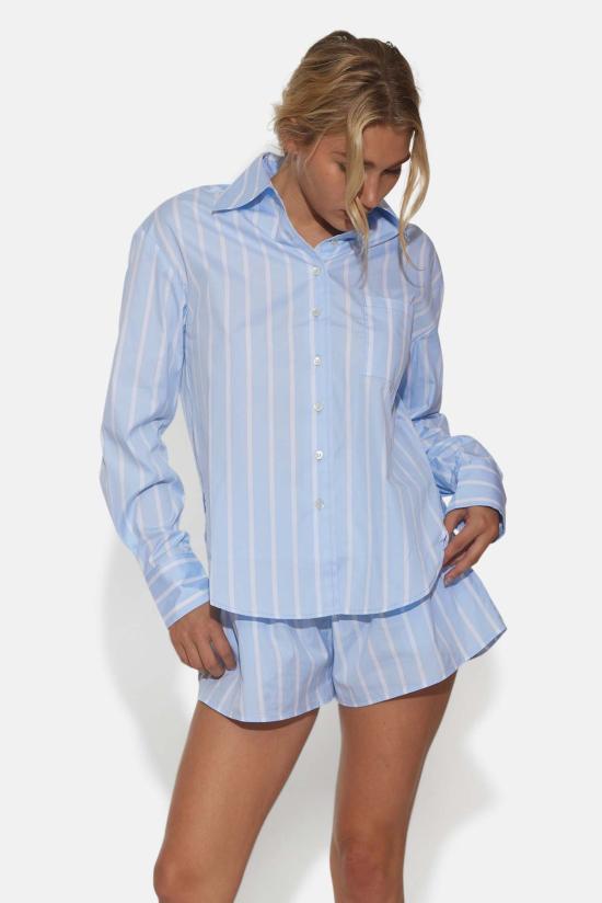  Blue&Cream 긴팔 티셔츠 블루&크림 팝린 세트 와이드 스트라이프 스카이/화이트 - BLUE&CREAM