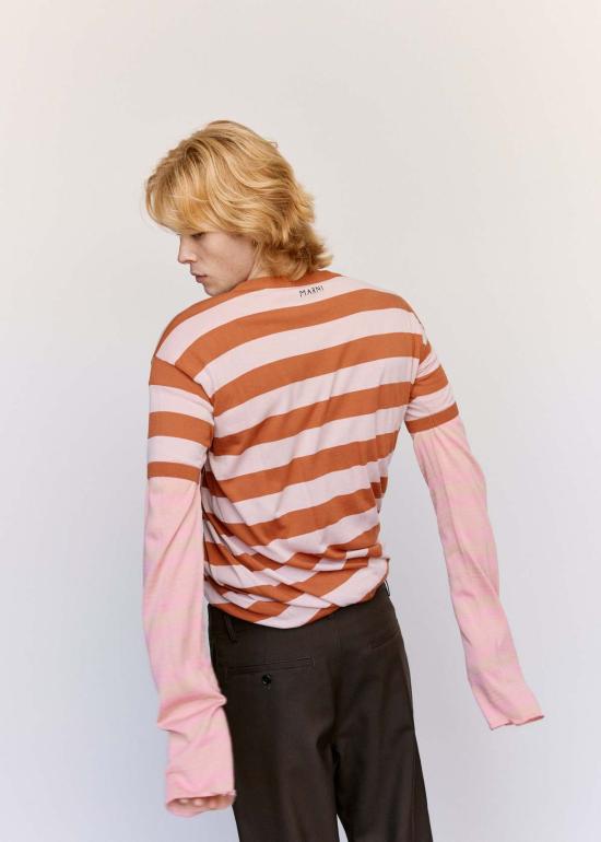  마르니 긴팔 티셔츠 스트라이프 니트 레이어드 롱슬리브 티셔츠 더스티 핑크/클레이 - MARNI