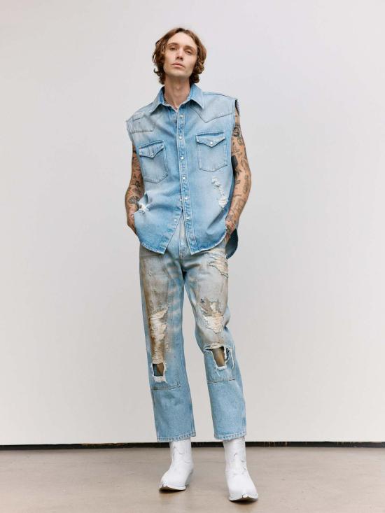  MM6 메종마르지엘라 베스트 Mm6 메종 마르지엘라 디스트레스드 데님 슬리브리스 셔츠 블루 - MM6 MAISON MARGIELA