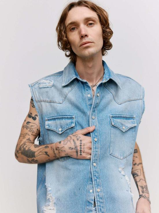  MM6 메종마르지엘라 베스트 Mm6 메종 마르지엘라 디스트레스드 데님 슬리브리스 셔츠 블루