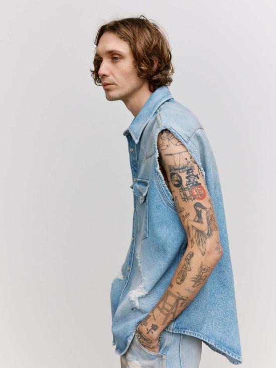  MM6 메종마르지엘라 베스트 Mm6 메종 마르지엘라 디스트레스드 데님 슬리브리스 셔츠 블루 - MM6 MAISON MARGIELA