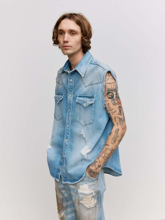  MM6 메종마르지엘라 베스트 Mm6 메종 마르지엘라 디스트레스드 데님 슬리브리스 셔츠 블루 - MM6 MAISON MARGIELA