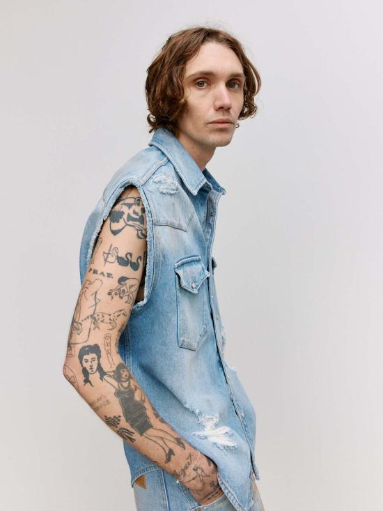  MM6 메종마르지엘라 베스트 Mm6 메종 마르지엘라 디스트레스드 데님 슬리브리스 셔츠 블루 - MM6 MAISON MARGIELA