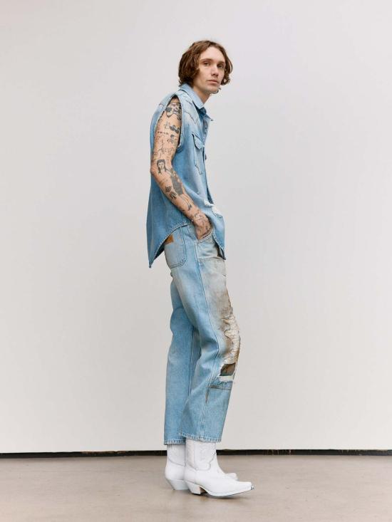  MM6 메종마르지엘라 베스트 Mm6 메종 마르지엘라 디스트레스드 데님 슬리브리스 셔츠 블루 - MM6 MAISON MARGIELA