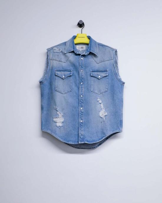  MM6 메종마르지엘라 베스트 Mm6 메종 마르지엘라 디스트레스드 데님 슬리브리스 셔츠 블루 - MM6 MAISON MARGIELA
