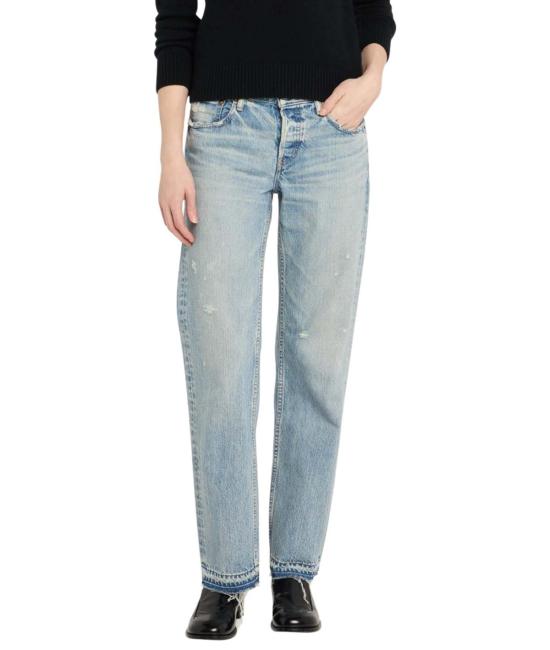  마우지 데님 팬츠 무시 Mv 아번 스트레이트 로우 진 블루