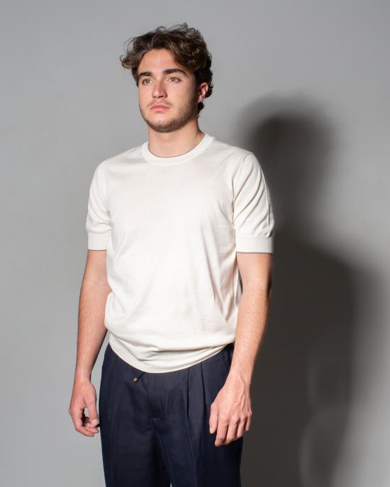 25SS 브루넬로 쿠치넬리 콘트라스트 디테일 코튼 니트 티셔츠 M29805200 CXV04 - BRUNELLO CUCINELLI