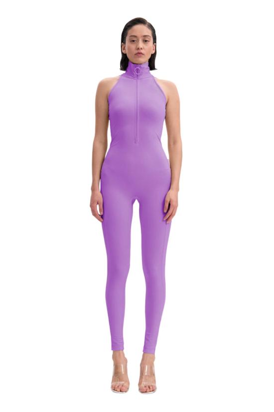  모노수트 민소매 티셔츠 슬리브리스 하이넥 지퍼업 바디수트 라벤더