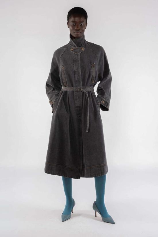  오오에프 트렌치 코트 우프 롱 데님 트렌치 그레이