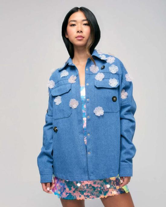  Hilary MacMillan 데님 자켓 힐러리 맥밀란 플라워 아플리케 데님 오버사이즈 재킷