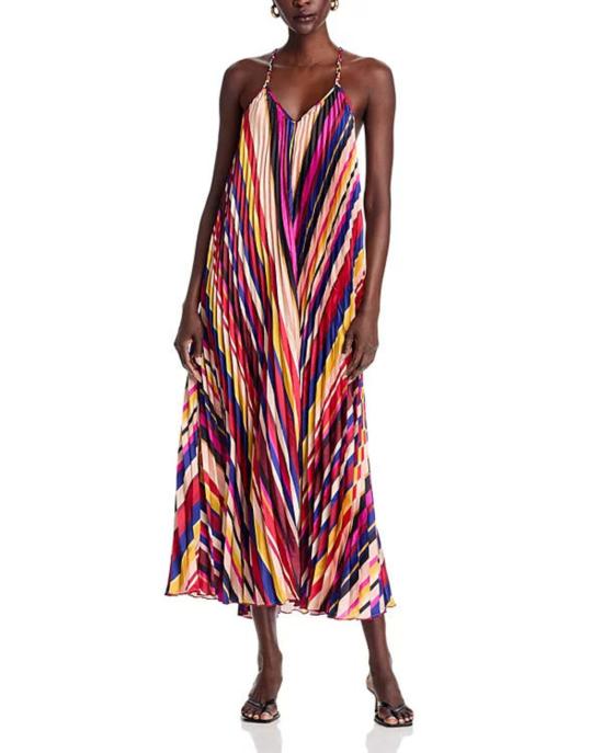  팜 리오 롱 원피스 플리츠 미디 드레스 대각선 스트라이프 멀티컬러 - FARM RIO