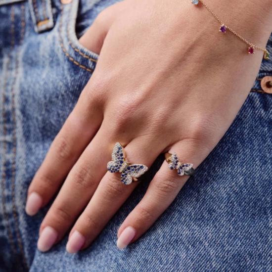  에리네스 반지 미니 블루 & 다이아몬드 옴브레 버터플라이 핑키 링 - ERINESS