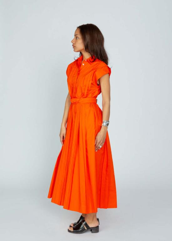  만투 롱 원피스 맨투 플리츠 프런트 드레스 오렌지 레드 - MANTU
