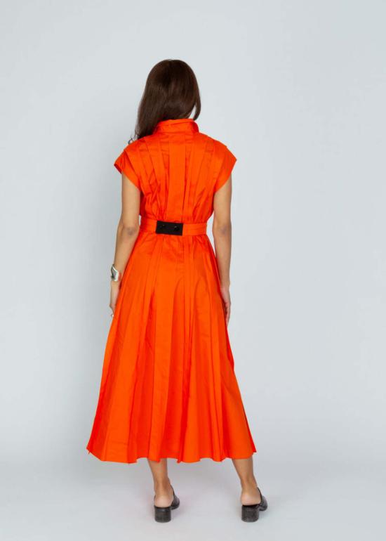  만투 롱 원피스 맨투 플리츠 프런트 드레스 오렌지 레드 - MANTU
