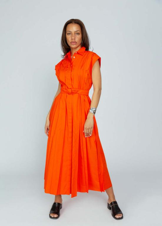  만투 롱 원피스 맨투 플리츠 프런트 드레스 오렌지 레드