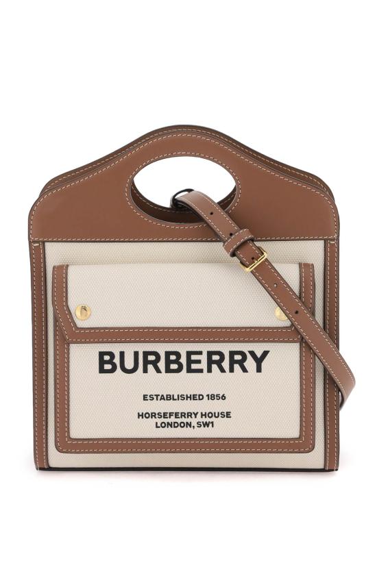 25FW 버버리 미니 투톤 캔버스 앤 레더 포켓 백 내츄럴 몰트 8039361 A1395 MULTICOLOURED - BURBERRY